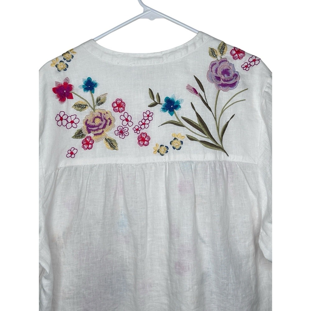 Johnny Was XL Jessi Shirred Yoke Blouse White Linen Embroidered Button Up Top - Picture 12 of 14